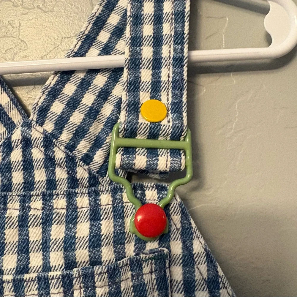 Gymboree rainbow tag vintage blue white plaid check sun shortalls overalls small